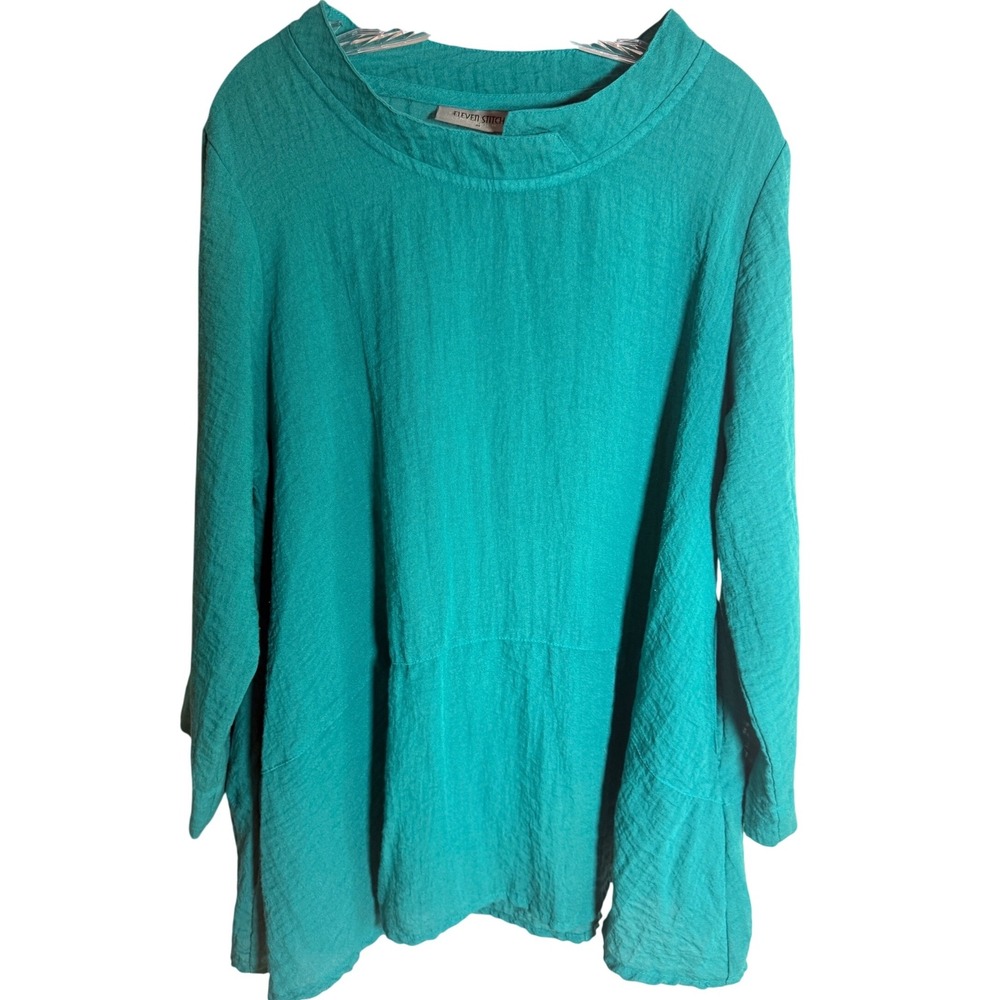 Eleven Stitch Design Tunic Women Medium Teal Rayon Crinkle Lagenlook 110 Crinkle